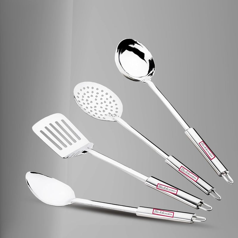 FLIXBLOOM Flixbloom 4 Pcs Special Combo Stainless Steel Kitchen Set Cooking Utensils Set Heat Resistant Kitchen Gadgets Utensil Set Includes Spatula Ladle Skimmer Cooking Spoon  - Image 2
