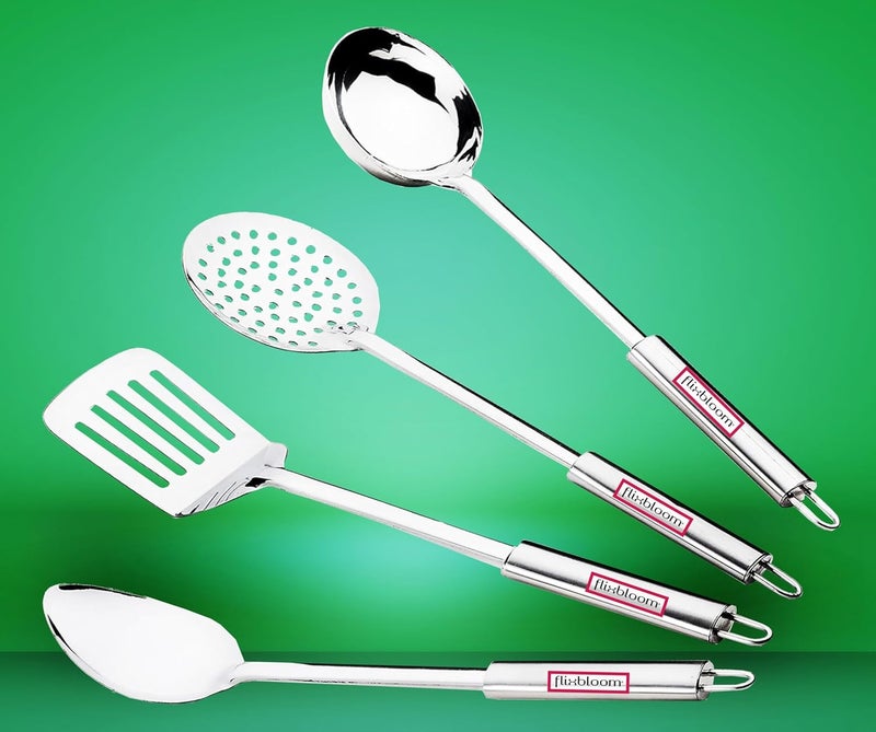 FLIXBLOOM Flixbloom 4 Pcs Special Combo Stainless Steel Kitchen Set Cooking Utensils Set Heat Resistant Kitchen Gadgets Utensil Set Includes Spatula Ladle Skimmer Cooking Spoon  - Image 1