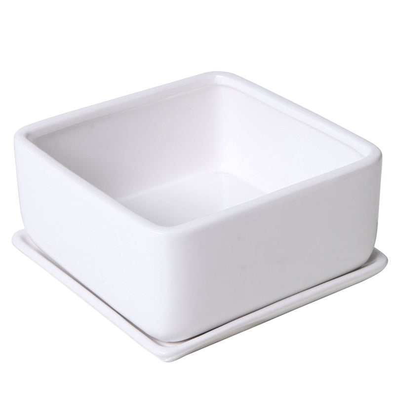 MyGift Modern White Ceramic Square Indoor Small Planter, Flower Succulent Plant Pot with Drainage Hole and Removable Drip Tray - Image 2
