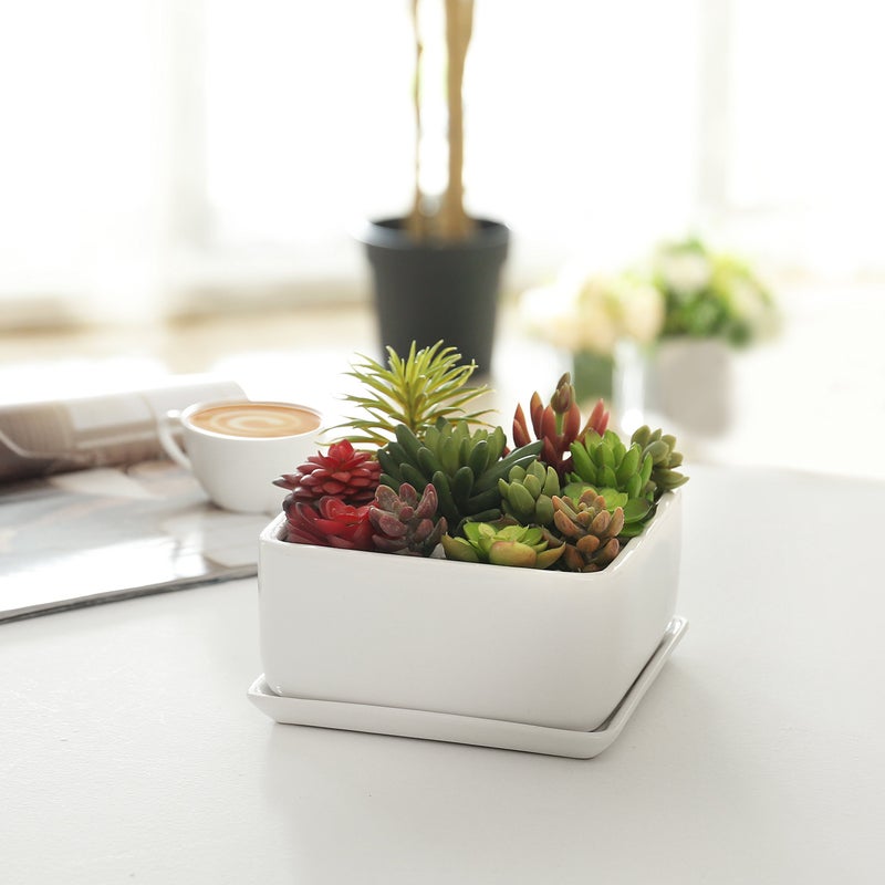 MyGift Modern White Ceramic Square Indoor Small Planter, Flower Succulent Plant Pot with Drainage Hole and Removable Drip Tray - Image 4