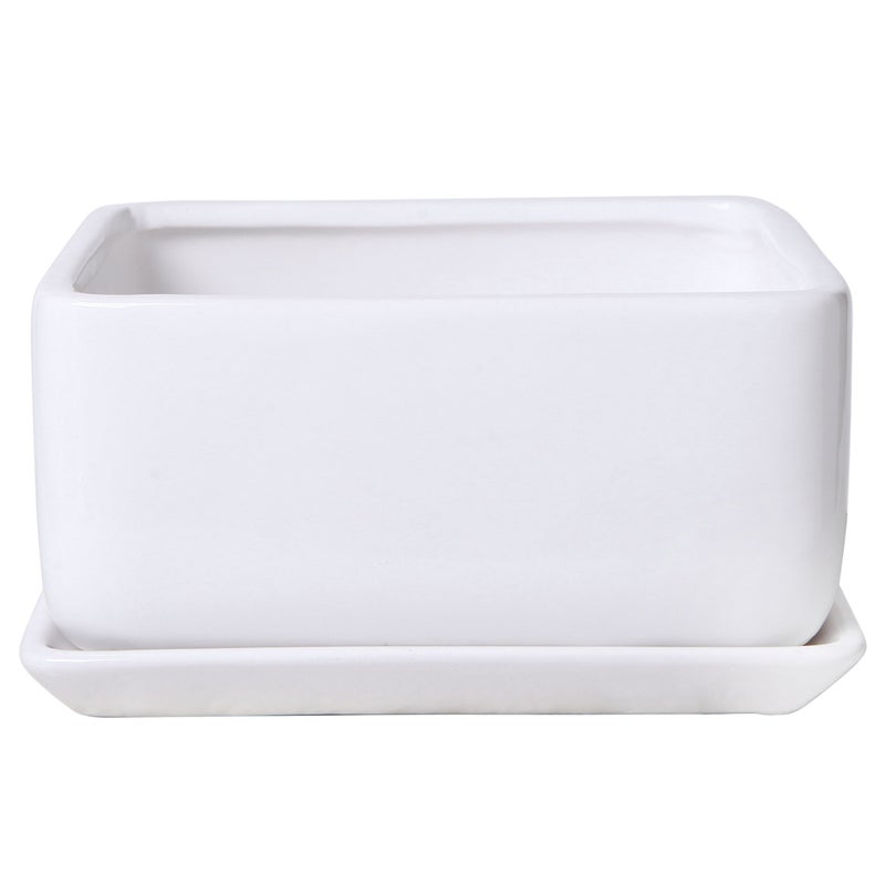 MyGift Modern White Ceramic Square Indoor Small Planter, Flower Succulent Plant Pot with Drainage Hole and Removable Drip Tray - Image 3