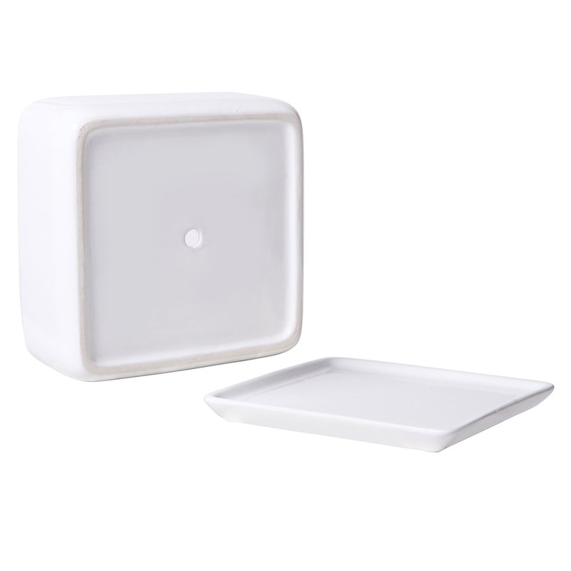 MyGift Modern White Ceramic Square Indoor Small Planter, Flower Succulent Plant Pot with Drainage Hole and Removable Drip Tray - Image 5