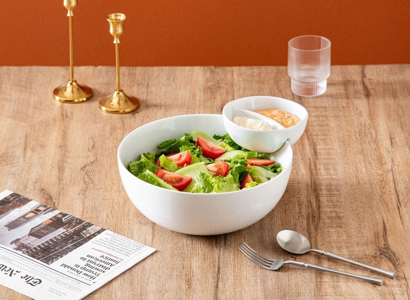 دوف طقم أوعية دائرية من البورسلين مكون من قطعتين أبيض، وعاء سلطة قطر 10 بوصة + وعاء صلصة قطر 5 بوصات - Image 1