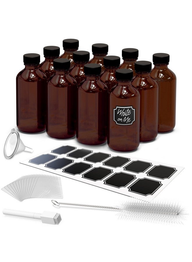NEVLERS Nevlers 8 Oz Amber Glass Jars with Lids 12 Pack | Leakproof Boston Round Glass Bottles with Lids, Shrink Wrap, Funnel, Labels, Marker & Brush | Use as Amber Vanilla Bottles For Gift Giving 8 Oz Set  - Image 1