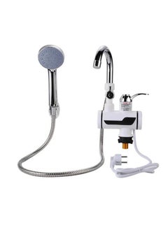 The heater comes with a shower, is easy to install, and comes with all the connections. It is connected to electricity and has a cold/hot tap made of stainless steel.