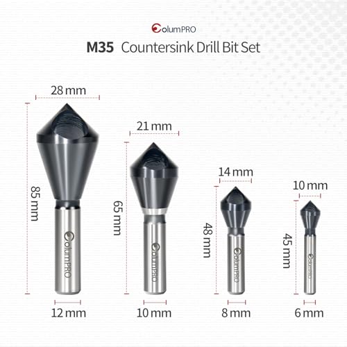 ColumPRO 4PCS Cobalt Single-End Countersink Chamfer Tool Set - Heavy-Duty M35 90-Degree Countersink Bits for Metal, Stainless Steel, Copper, Wood, Fiberboard,SAE 1/4"-3/4", 2-5, 5-10, 10-15, 15-20MM - Image 2