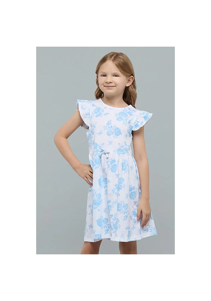 أر أند بي Printed Fit & Flare Dress with Crew Neck and Flutter Sleeves