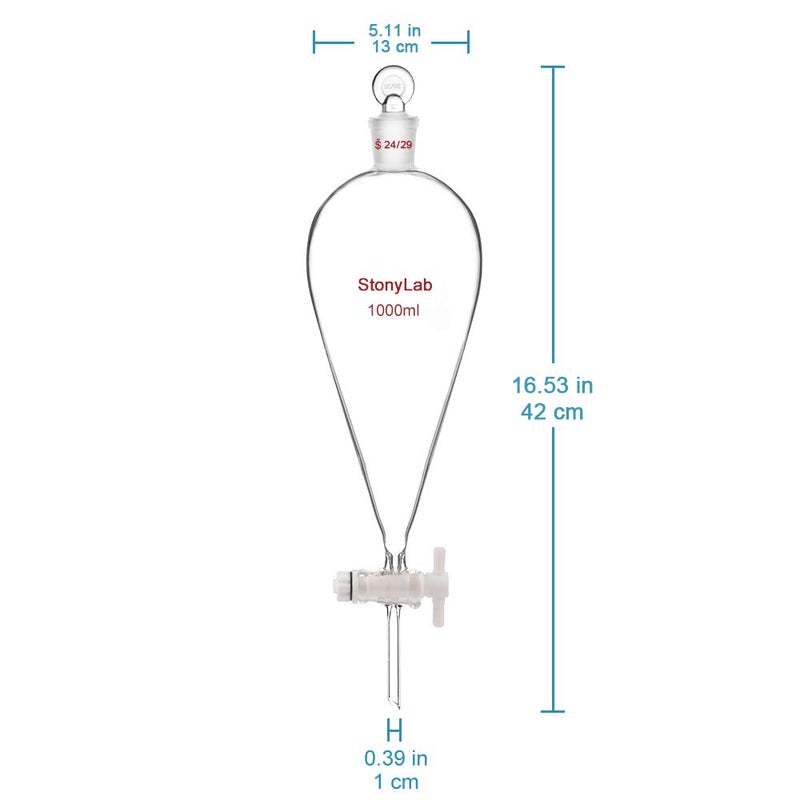 stonylab صمام PTFE قمع فاصل 1 لتر، زجاج بوروسيليكات جدار ثقيل قمع فاصل على شكل كمثرى مع وصلة 24/29 - Image 3