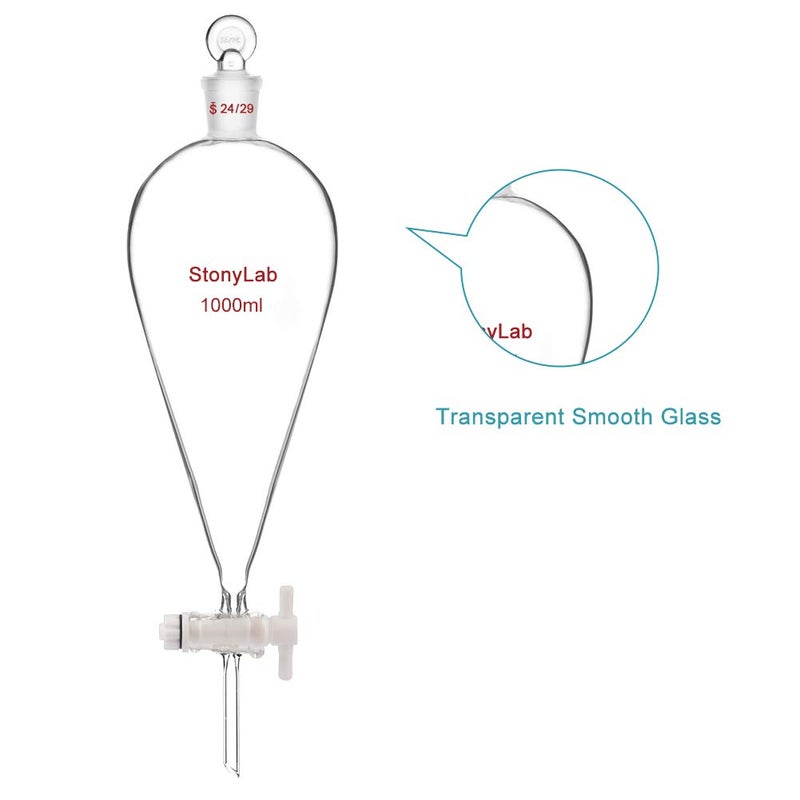 stonylab صمام PTFE قمع فاصل 1 لتر، زجاج بوروسيليكات جدار ثقيل قمع فاصل على شكل كمثرى مع وصلة 24/29 - Image 5