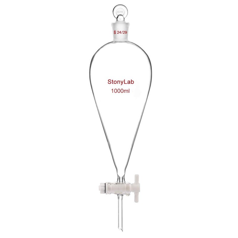 stonylab صمام PTFE قمع فاصل 1 لتر، زجاج بوروسيليكات جدار ثقيل قمع فاصل على شكل كمثرى مع وصلة 24/29 - Image 1