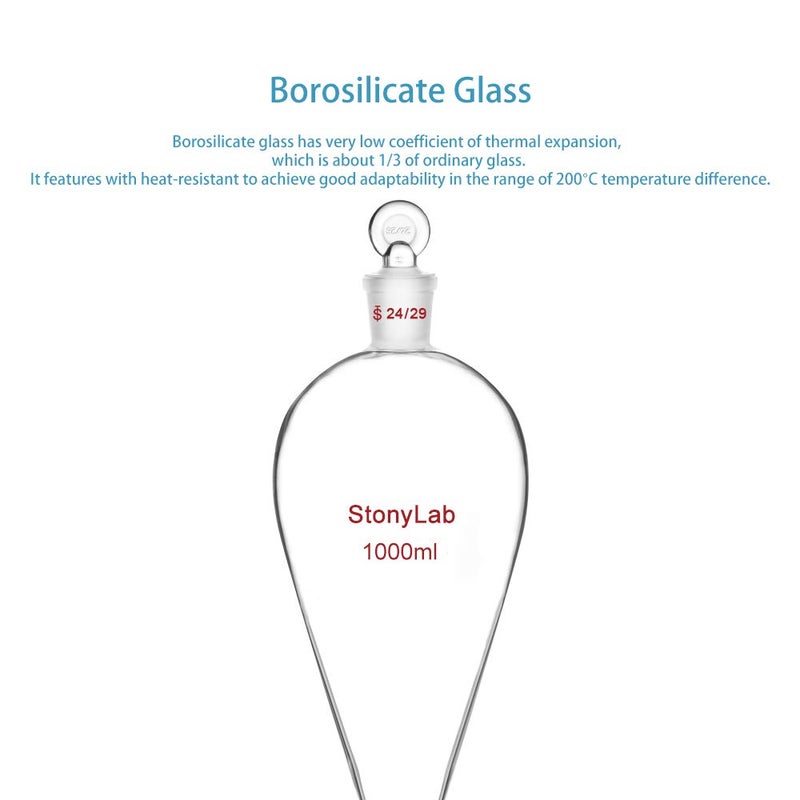 stonylab صمام PTFE قمع فاصل 1 لتر، زجاج بوروسيليكات جدار ثقيل قمع فاصل على شكل كمثرى مع وصلة 24/29 - Image 4