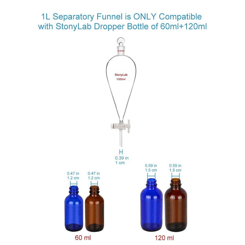 stonylab صمام PTFE قمع فاصل 1 لتر، زجاج بوروسيليكات جدار ثقيل قمع فاصل على شكل كمثرى مع وصلة 24/29 - Image 2