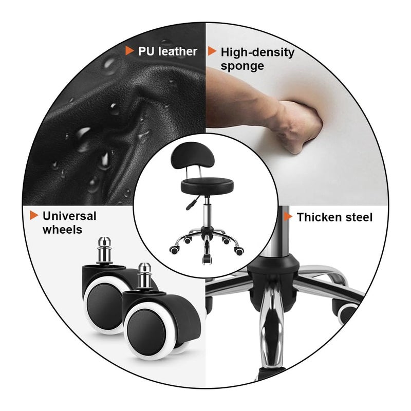 KKTONER Rolling Stool with Mid Back Height Adjustable Chair PU Leather Swivel Chair with Wheels for Office Home Task Drafting (Black) - Image 5