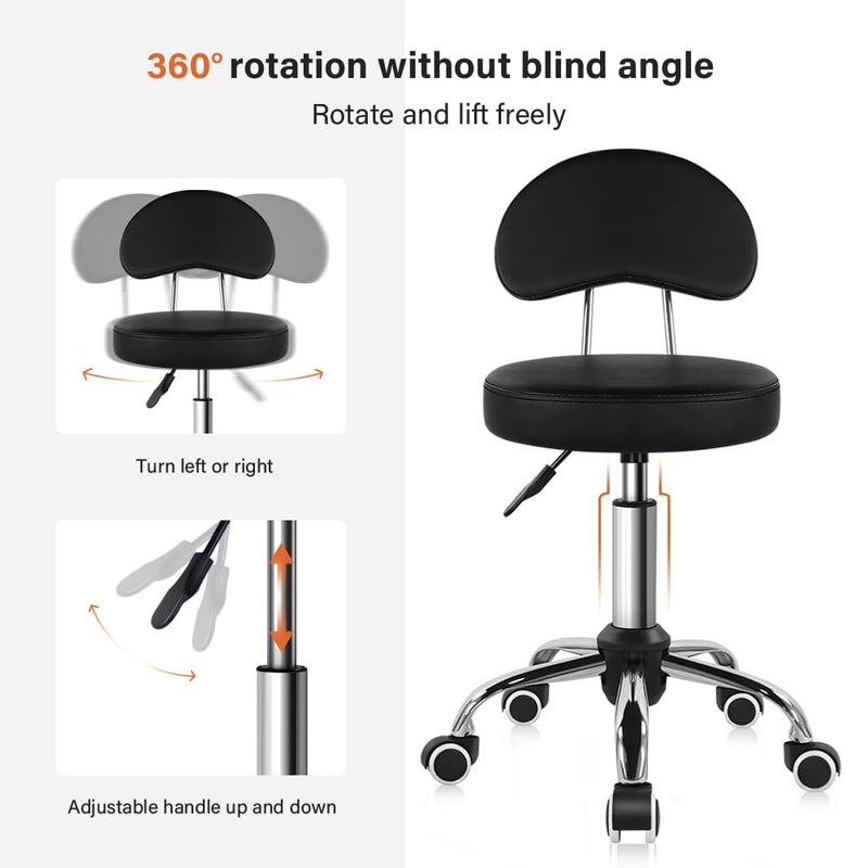 KKTONER Rolling Stool with Mid Back Height Adjustable Chair PU Leather Swivel Chair with Wheels for Office Home Task Drafting (Black) - Image 4