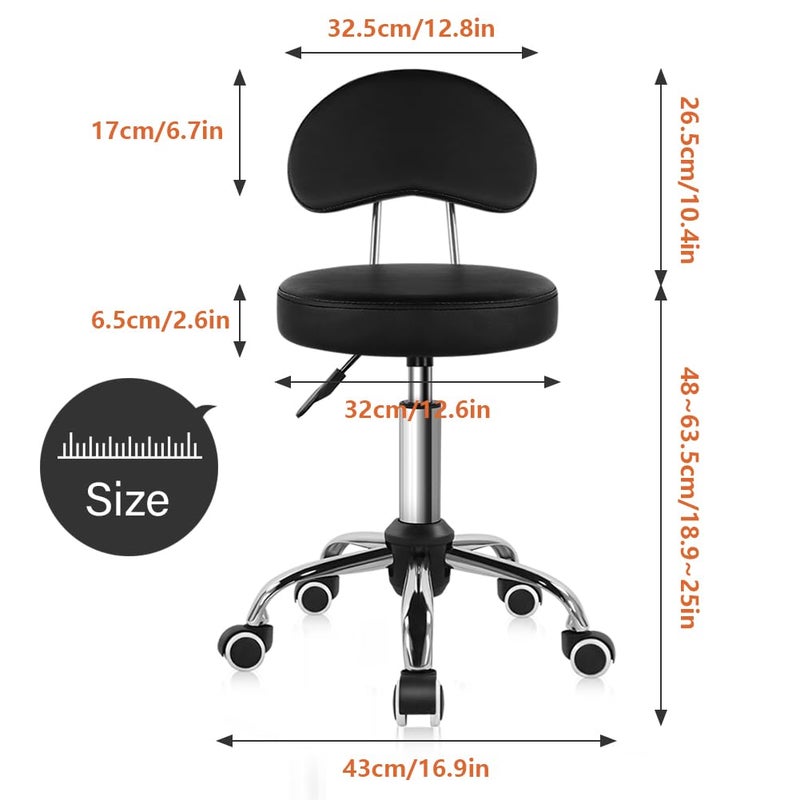 KKTONER Rolling Stool with Mid Back Height Adjustable Chair PU Leather Swivel Chair with Wheels for Office Home Task Drafting (Black) - Image 3