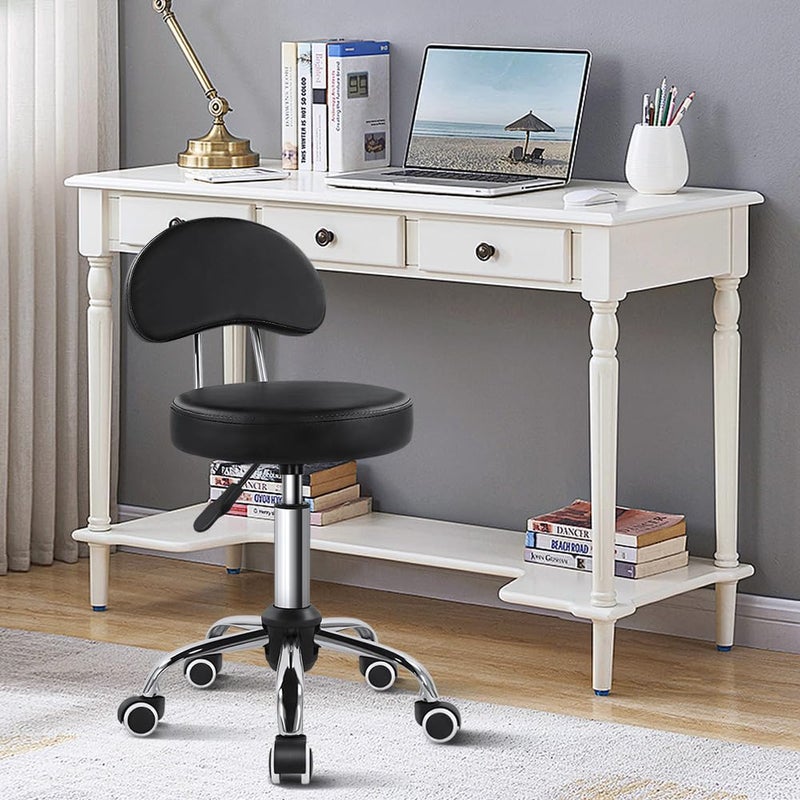 KKTONER Rolling Stool with Mid Back Height Adjustable Chair PU Leather Swivel Chair with Wheels for Office Home Task Drafting (Black) - Image 2