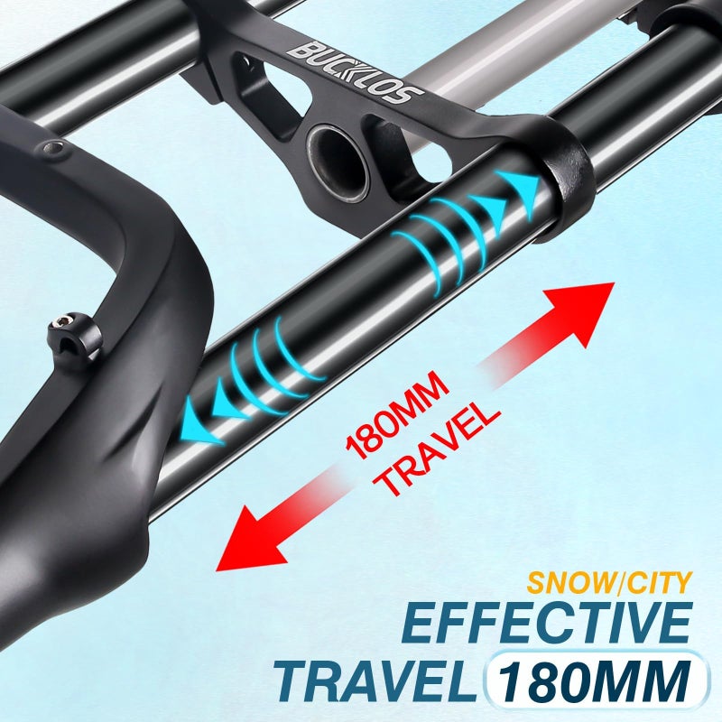 BUCKLOS 26 inch 4.0" Fat Tire E-Bike Suspension Fork, 180mm Travel Spacing Hub 135mm 1-1/8" Straight MTB 9mm QR Electric Bicycle Oil Double Shoulder Disc Brake Front Fork, Snow Beach Mountain Bike - Image 3