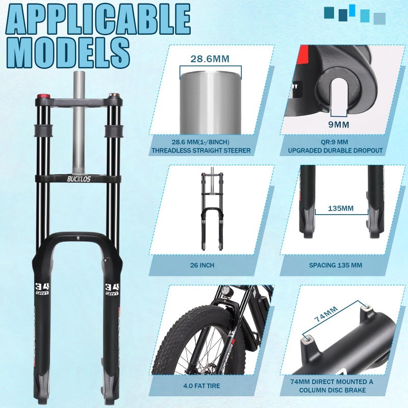 BUCKLOS 26 inch 4.0" Fat Tire E-Bike Suspension Fork, 180mm Travel Spacing Hub 135mm 1-1/8" Straight MTB 9mm QR Electric Bicycle Oil Double Shoulder Disc Brake Front Fork, Snow Beach Mountain Bike - Image 2