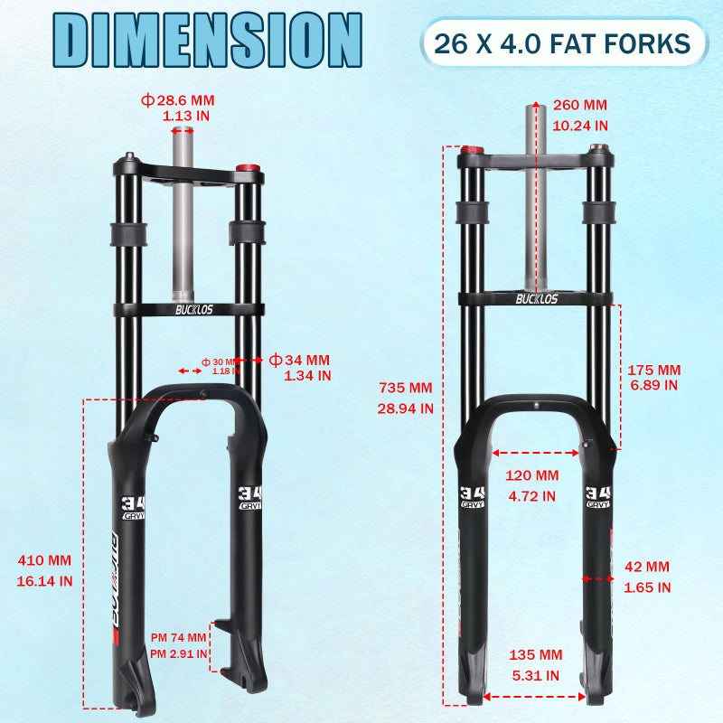 BUCKLOS 26 inch 4.0" Fat Tire E-Bike Suspension Fork, 180mm Travel Spacing Hub 135mm 1-1/8" Straight MTB 9mm QR Electric Bicycle Oil Double Shoulder Disc Brake Front Fork, Snow Beach Mountain Bike - Image 5