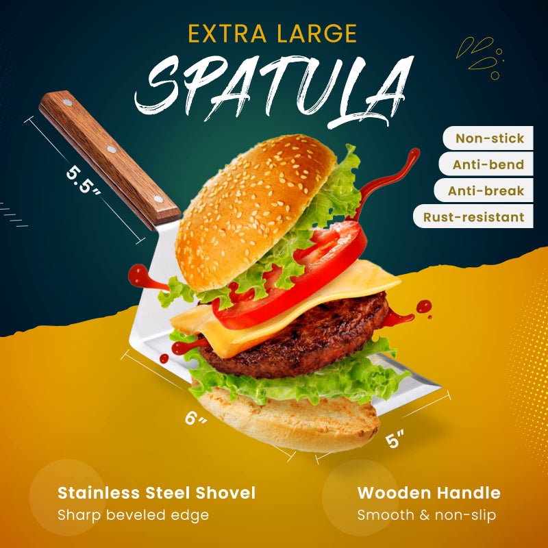 Homi styles Extra Wide Spatula with Beveled Edges  Oversized Stainless-Steel Spatula with Wood Handle for Skillets  Griddles & Pancake Flipper for Burgers  Omelet  and Versatile for Culinary Task  6 x 5-inches - Image 2