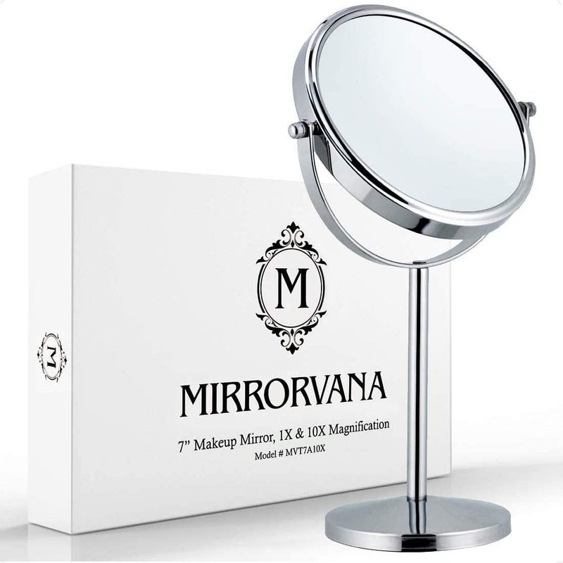 MIRRORVANA 10X Magnifying Makeup Mirror on Round Stand for Tabletop Bedroom Vanity Desk and Bathroom Counter  Free Standing Double Sided 10X1X Magnification Mirror  7 Wide and 14 Tall Chrome