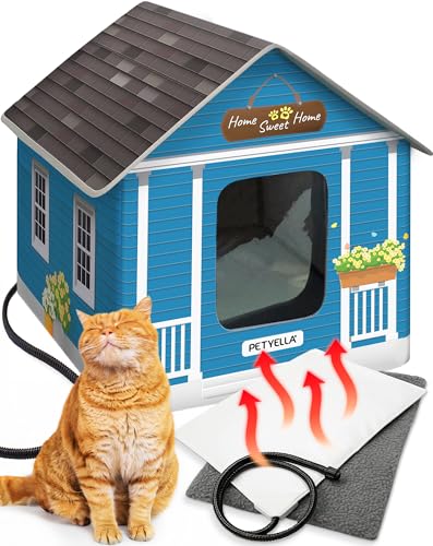PETYELLA Deluxe Heated Cat House for Winter Weatherproof Insulated Easy Assembly Cat Heating Pad Dual Escape Doors Outdoor Indoor Cat House Blue Tiles Pethouse - Image 1