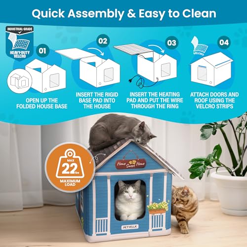 PETYELLA Deluxe Heated Cat House for Winter Weatherproof Insulated Easy Assembly Cat Heating Pad Dual Escape Doors Outdoor Indoor Cat House Blue Tiles Pethouse - Image 3