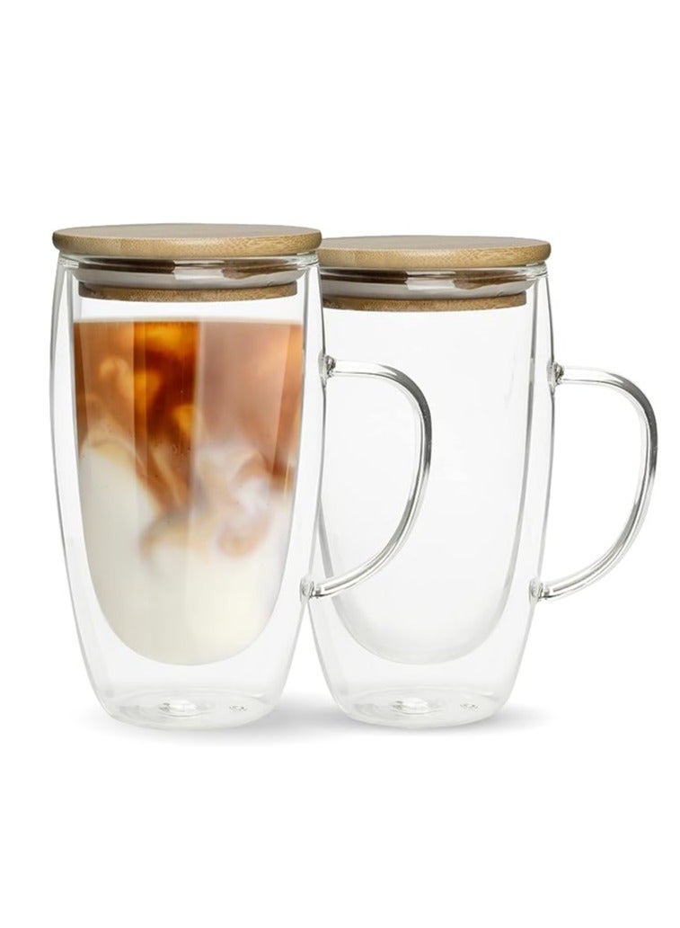 HOME ZONE Double Walled Glass Coffee Mugs By Chef"s Unique Insulated Coffee Mugs With Handle And Bamboo Lid, Clear Glass Cups For Coffee Tea Latte Cappuccino Espresso (Set of 2) 450 ml - Image 1