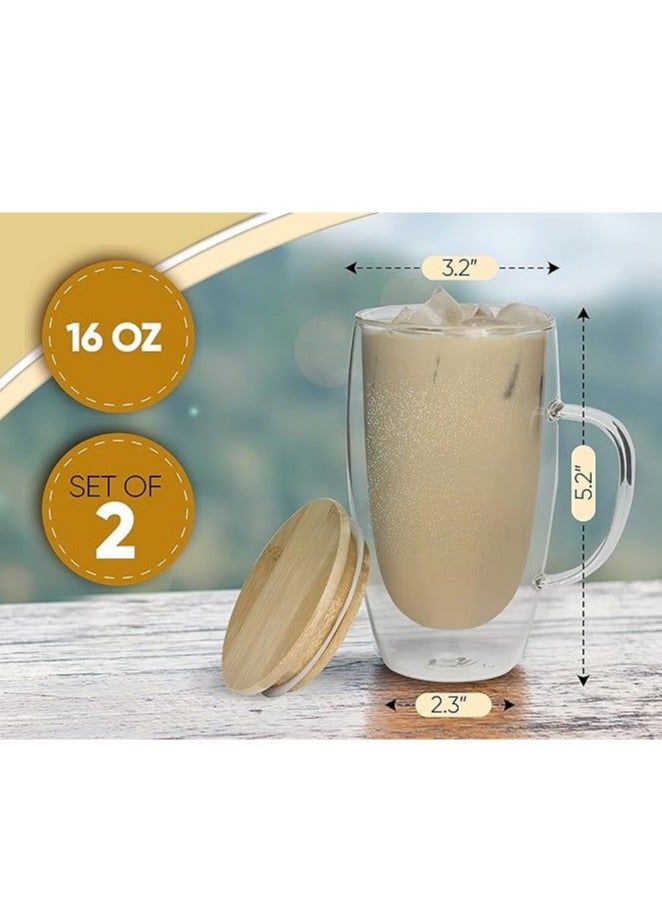 HOME ZONE Double Walled Glass Coffee Mugs By Chef"s Unique Insulated Coffee Mugs With Handle And Bamboo Lid, Clear Glass Cups For Coffee Tea Latte Cappuccino Espresso (Set of 2) 450 ml - Image 2