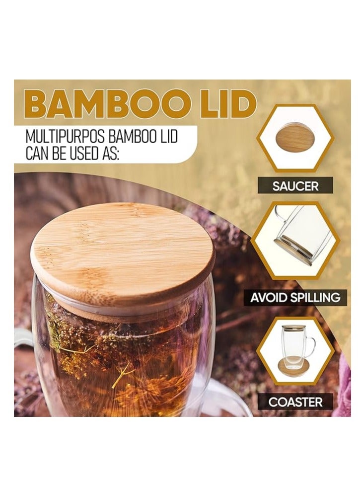 HOME ZONE Double Walled Glass Coffee Mugs By Chef"s Unique Insulated Coffee Mugs With Handle And Bamboo Lid, Clear Glass Cups For Coffee Tea Latte Cappuccino Espresso (Set of 2) 450 ml - Image 3