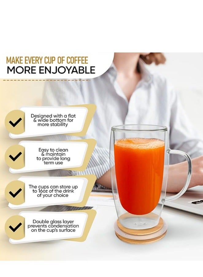 HOME ZONE Double Walled Glass Coffee Mugs By Chef"s Unique Insulated Coffee Mugs With Handle And Bamboo Lid, Clear Glass Cups For Coffee Tea Latte Cappuccino Espresso (Set of 2) 450 ml - Image 4