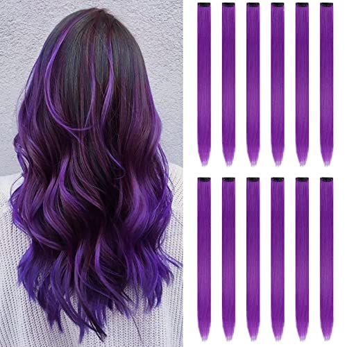 YISIKUNNUO 12PCS Colored Purple Hair Extensions 22 Inch Colorful Clip in Hair Extensions Straight Synthetic Hairpiece for Women Kids Girls Halloween Christmas Cosplay22inchPurple - Image 1