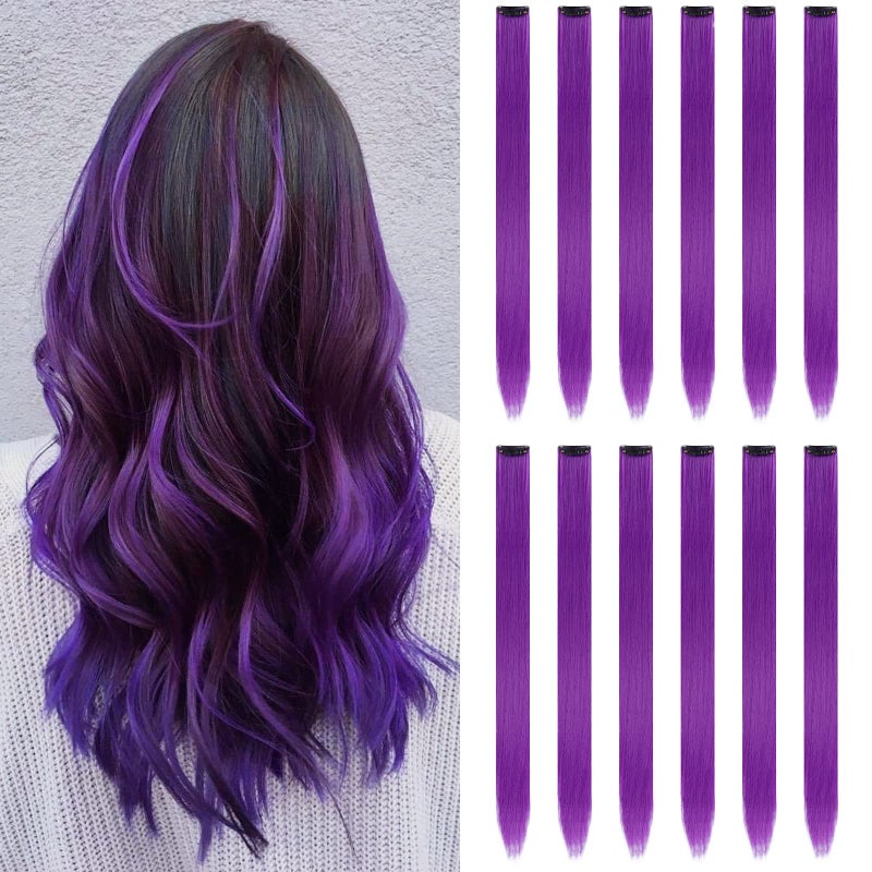 YISIKUNNUO 12PCS Colored Purple Hair Extensions 22 Inch Colorful Clip in Hair Extensions Straight Synthetic Hairpiece for Women Kids Girls Halloween Christmas Cosplay22inchPurple - Image 2