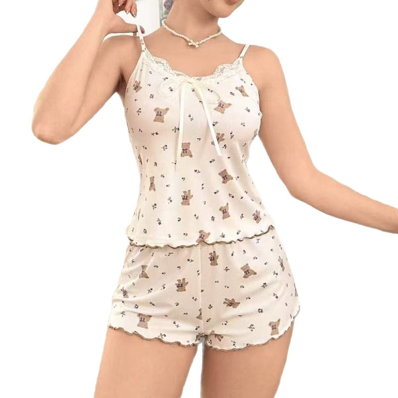 بيجامة نسائية بأشرطة وطبعة دب شورت - Image 5