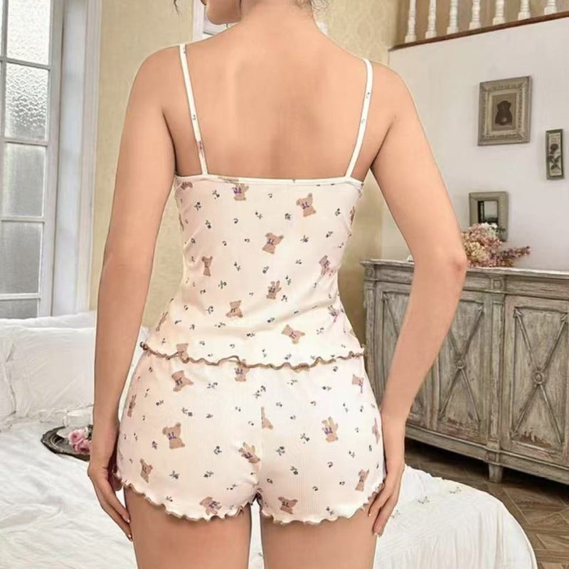 بيجامة نسائية بأشرطة وطبعة دب شورت - Image 3