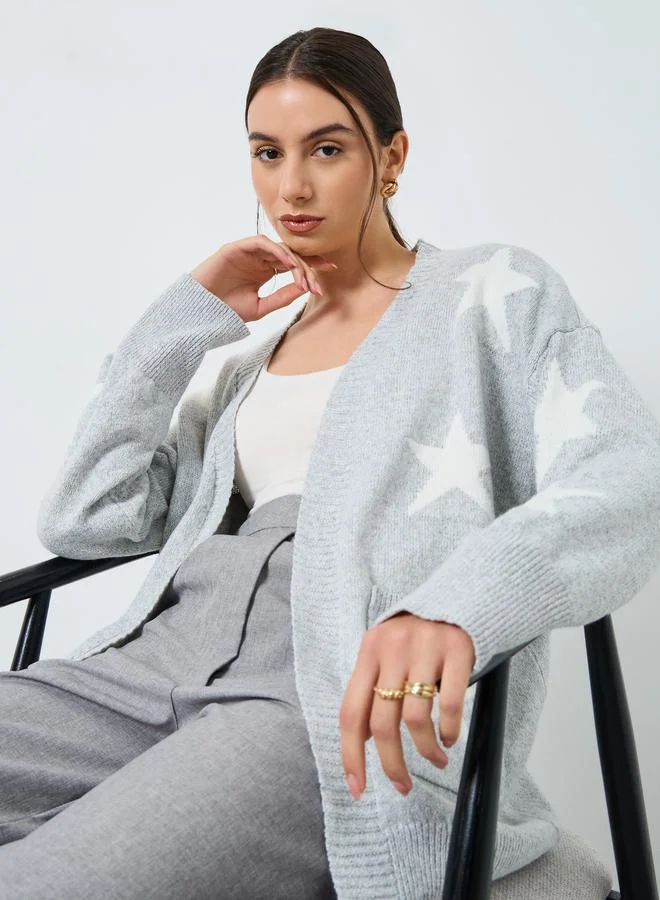Take Two Take Two Grey Star Pattern Longline Cardigan