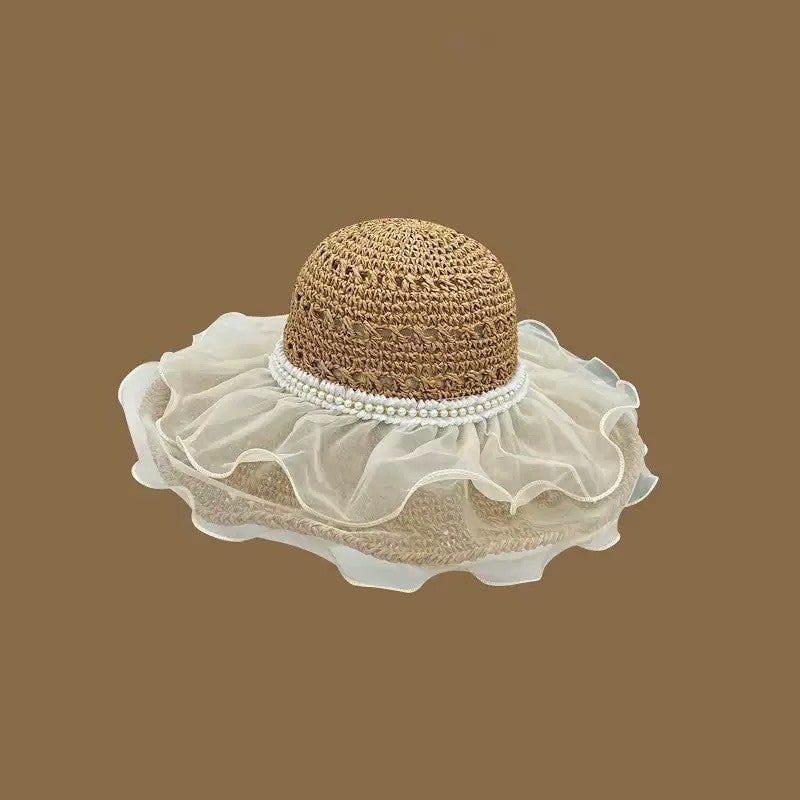 Summer Casual Straw Hat with Lace Trim - Sun Protection & Breathable Wide Brim Hat for Beach Outdoor