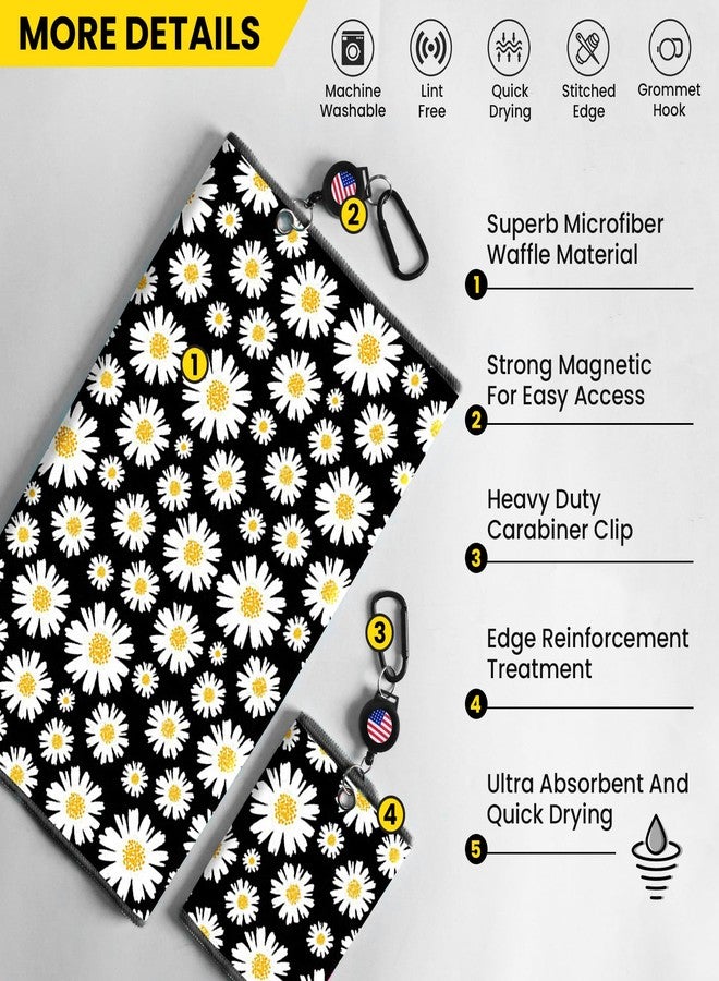 GKandi Golf Towels for Golf Bags Value 2 Pack 21"x16" and 12"x8" Set with Strong Magnetic Retractable Carabiner Microfiber Waffle Pattern Towel Lightweight Absorbent Gift for Women Ladies (Daisy) - Image 4