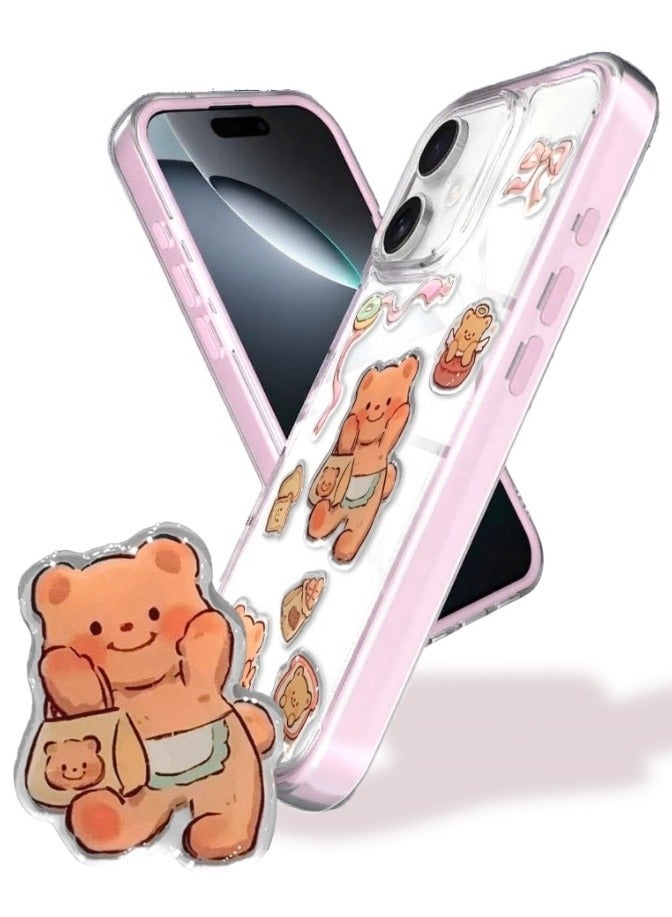 Clear Case for iPhone 16 – Shockproof Soft TPU Bumper Frame with Flexible Transparent Back, Crystle Pastel, Customizable with Kawaii Butter Bear Epoxy Resin Stickers (Peach Pink & Butter Bear Epoxy Resin Stickers) - Image 1