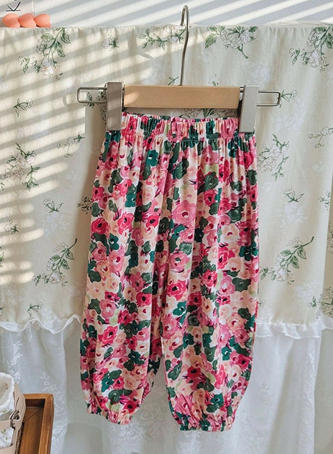 Girls' Printed Elastic Waist Loose Wide Leg Pants 