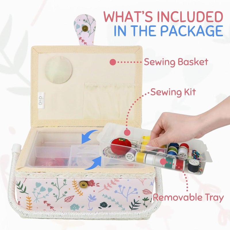 COMFECTO Large Sewing Basket with Complete Sew Accessories, Wooden Beginners Sewing Kits with Removable Tray Tomato Pincushion for Mending, Colorful Pastel - Image 3