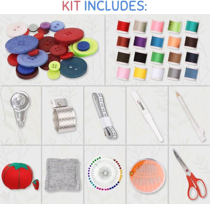 COMFECTO Large Sewing Basket with Complete Sew Accessories, Wooden Beginners Sewing Kits with Removable Tray Tomato Pincushion for Mending, Colorful Pastel - Image 5