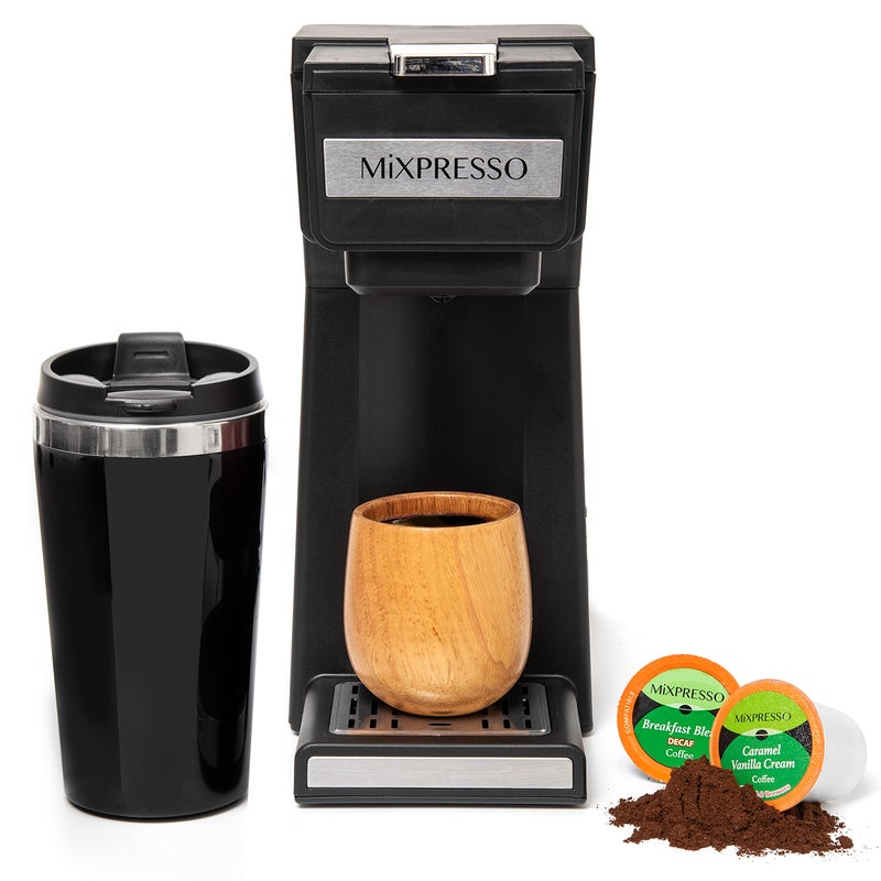 Mixpresso Coffee Maker Single Serve For Ground Coffee Compatible With K Cup Pods With 14oz Travel Mug Reusable Filter For Home Office Camping