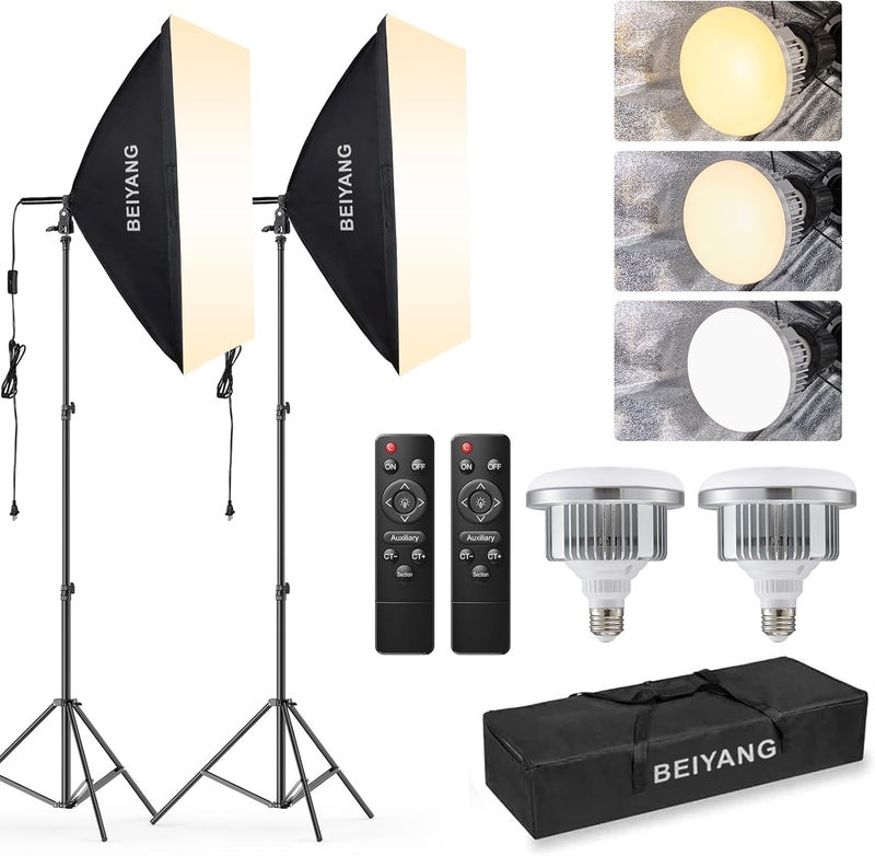 BEIYANG Softbox Lighting Kit, 2x20''x28'' Photography Soft Box with 2 pcs 85W 6000K E27 LED Socket LED Bulbs, Studio Lights for Photography/Video Recording/Live Streaming - Image 1