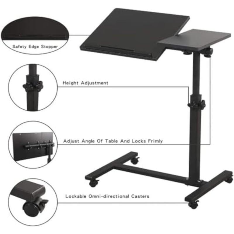 Table Lap Desk for Laptop Rolling Cart Tilting Overbed Bedside Table Overbed Desk Overbed Table with Wheels Adjustable Laptop Stand Sofa Side Table Black - Image 4