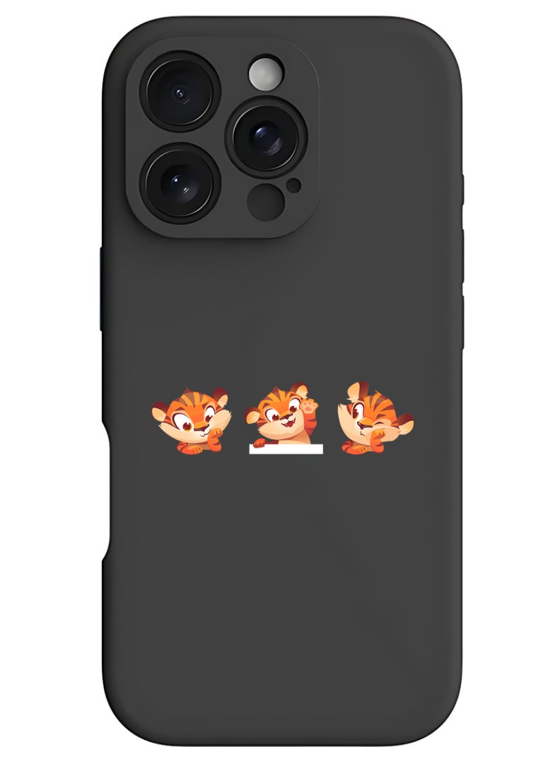 Theodor iPhone 16 Pro Max Black Protective Slim Fit Case Liquid Silicone Cover with Full Body Protection Anti-Scratch Shockproof Case For iPhone - Cute tiger expressions - Image 1