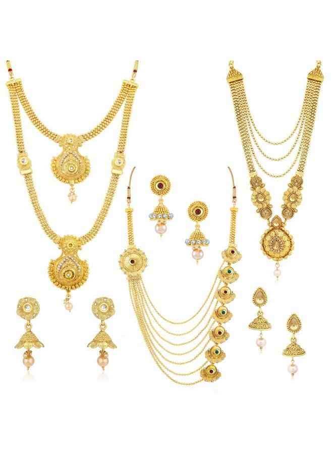 Sukkhi طقم قلائد متعدد الأوتار من سُكّهي مطلي بالذهب مع أقراط جومكي للنساء والفتيات (SKR48716) - Image 1