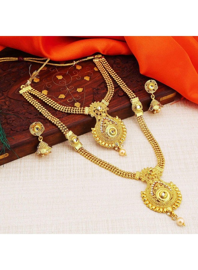 Sukkhi طقم قلائد متعدد الأوتار من سُكّهي مطلي بالذهب مع أقراط جومكي للنساء والفتيات (SKR48716) - Image 4