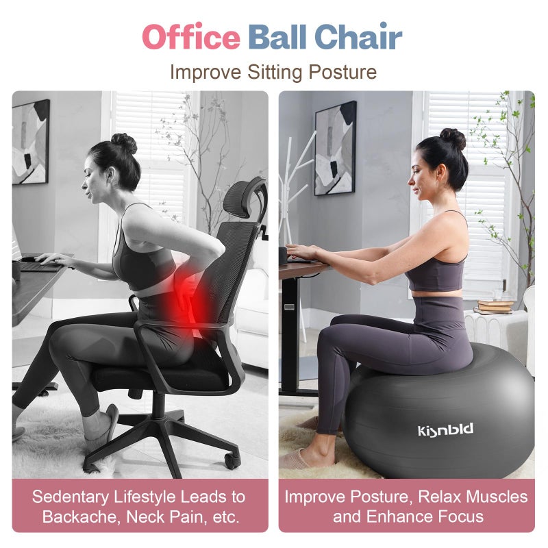 kisnbld Exercise Ball, Extra Thick Yoga Ball for Workout Pregnancy Stability, 4 Sizes Anti-Burst Balance Ball with Foot Pump - Heavy Duty Fitness Ball Chair for Office, Home & Gym - Image 3