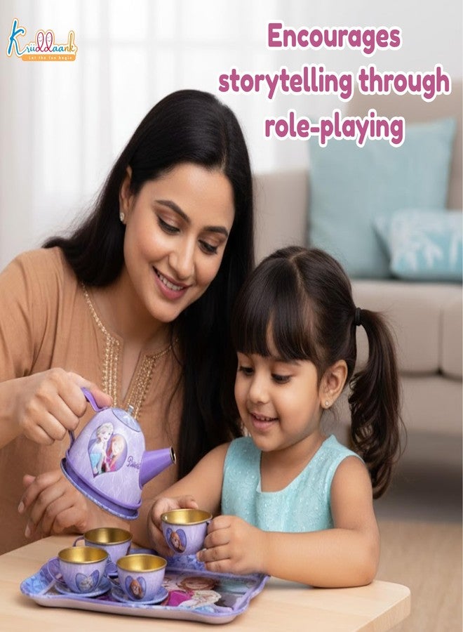 Kriiddaank Disney Frozen Elsa & Anna 14-Piece Tin Plate Tea Set for Girls - Fun Pretend Play Tea Party Toy - Durable, Lightweight & Safe Role Play Kit for Kids, Learning Toy -Birthday Gift For Ages 3+ - Image 2